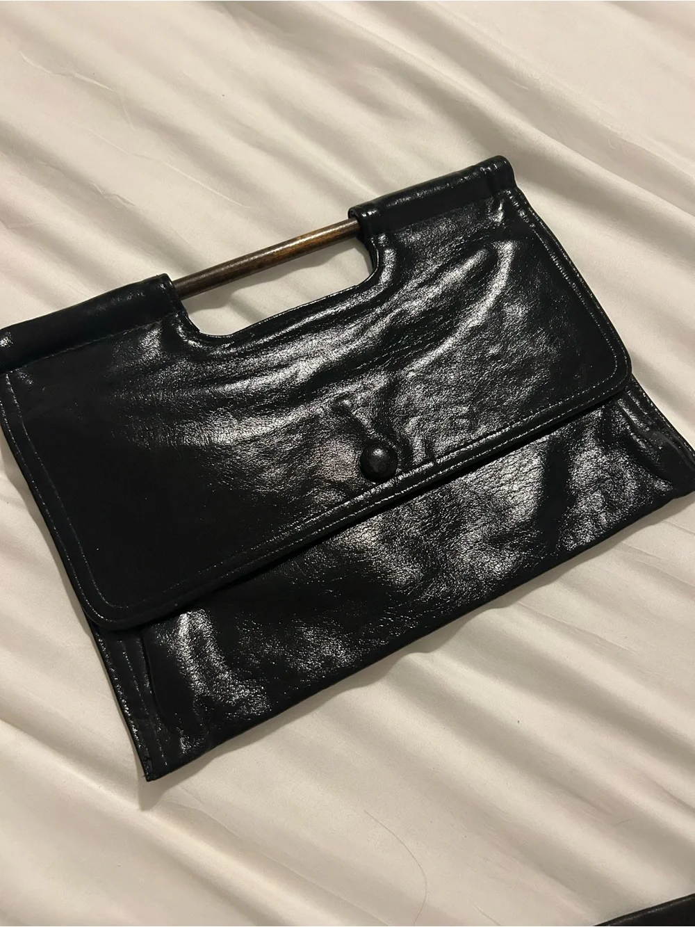 Vintage Sleek Black Patent Leather Clutch with wood Handle